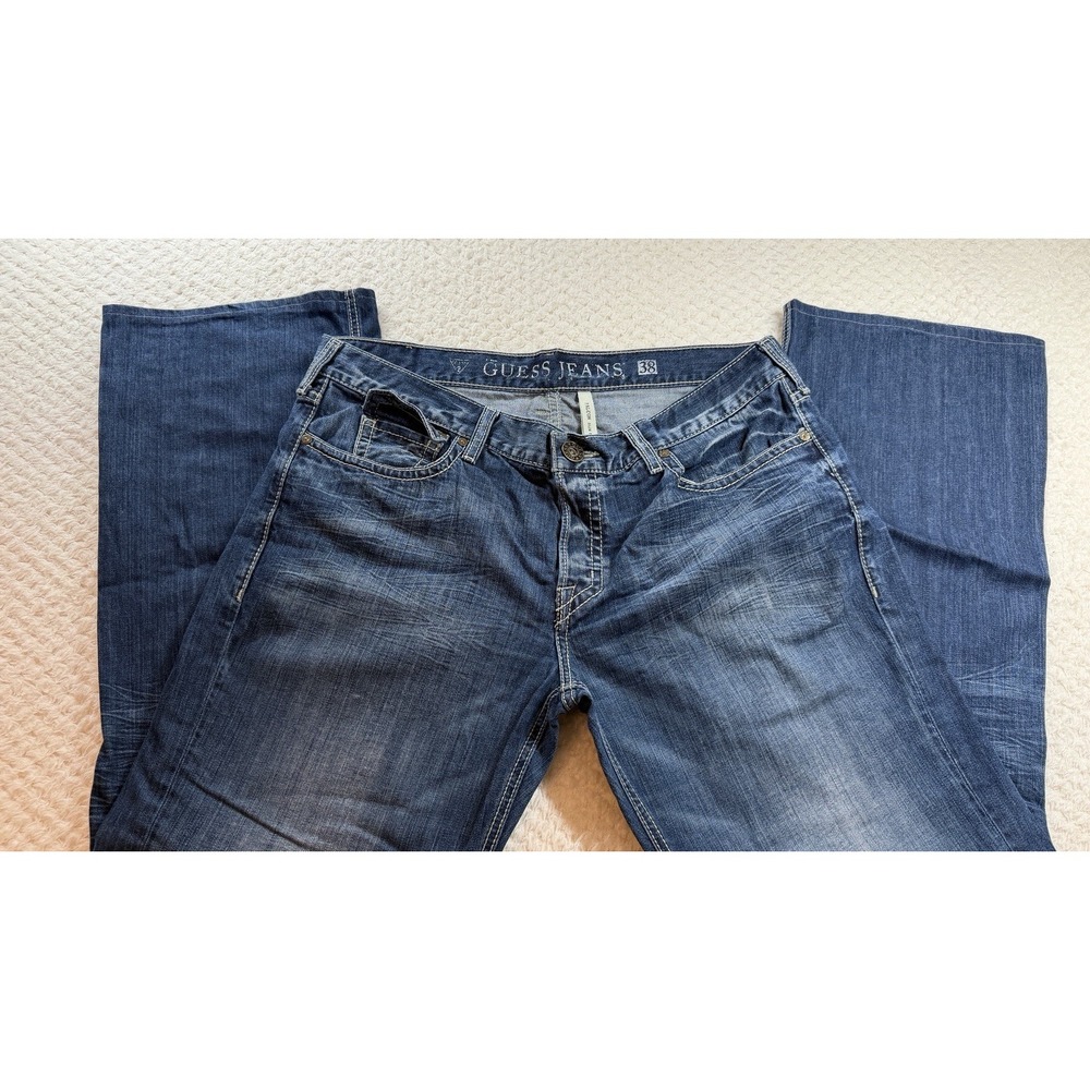 GUESS Jeans Mens 38x30 Blue Falcon Slim Boot Cut Distressed Flap Pocket -Altered